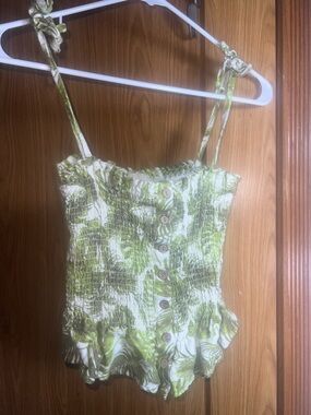 Chaser Green & White Smocked Tie-Strap Tank with Button Front